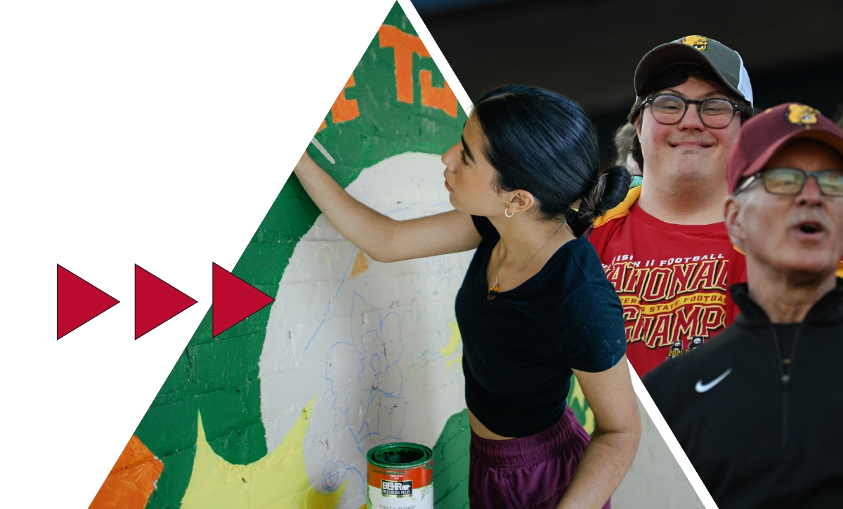 two images side by side of a student painting a mural and another student at a Ferris State Football Game