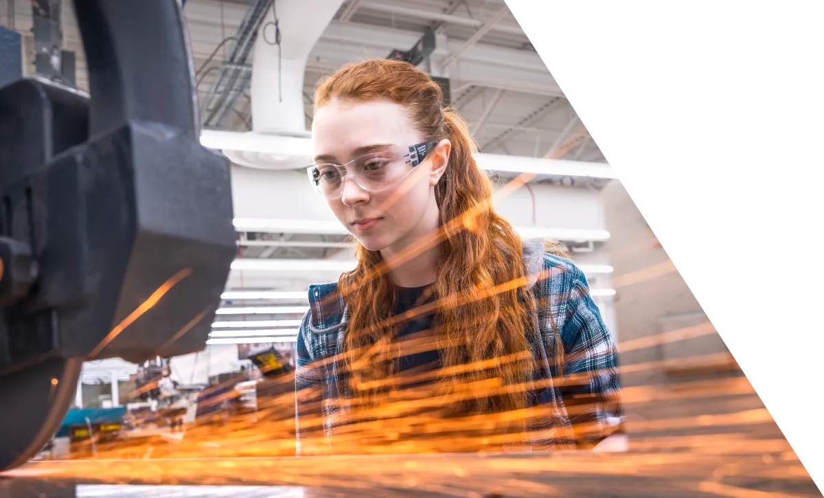 Image of a nursing student in a hospital setting and a student working on a combustion engine at Ferris State University