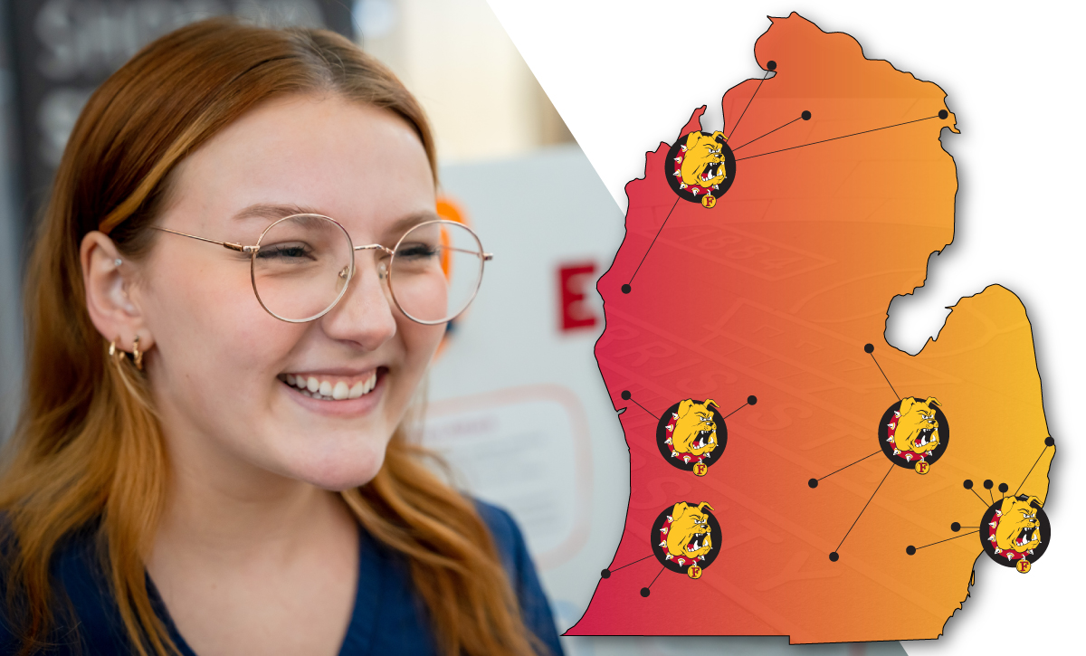 Collage featuring a Ferris student and a map of Michigan with pins at the location of Grand Rapids, Detroit, Flint, Kalamazoo and Traverse City