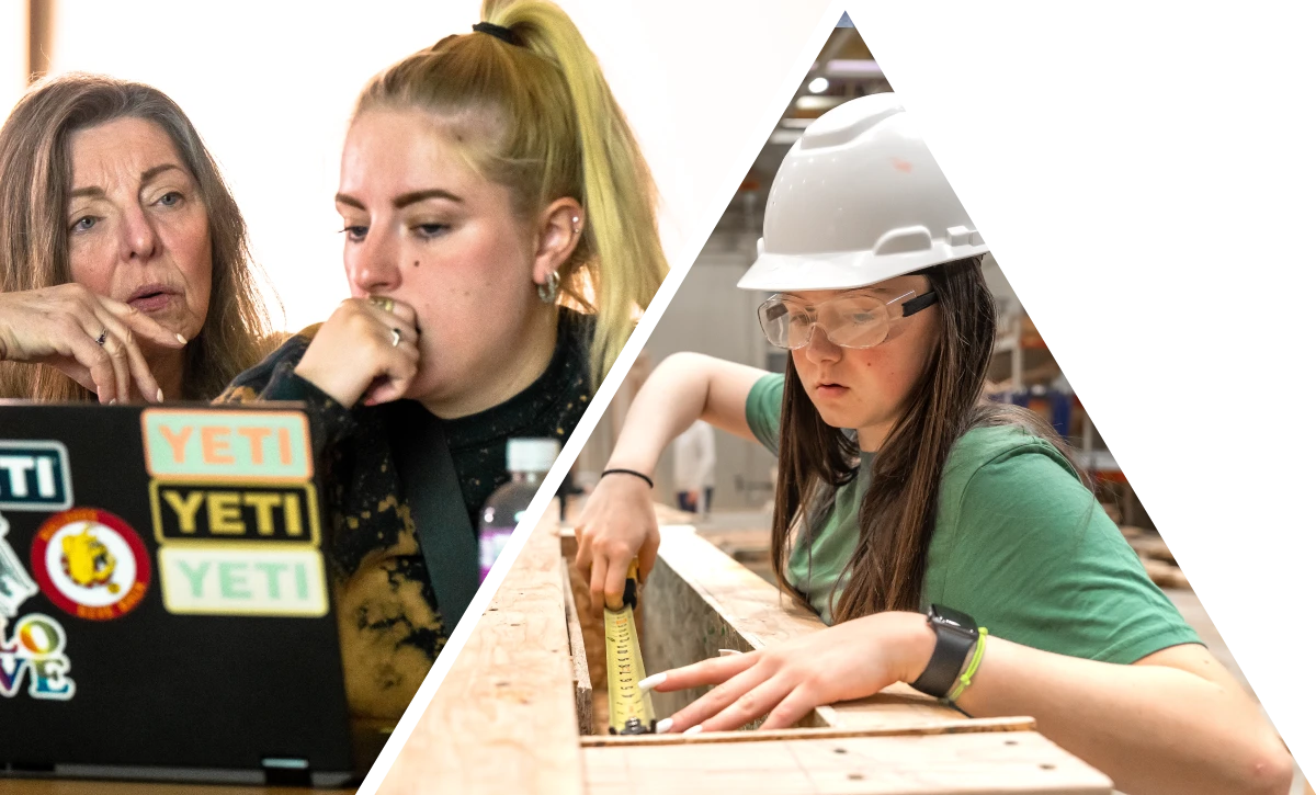 Image of a student in a classroom setting working with a faculty member and an image of a student working with building materials at Ferris State University