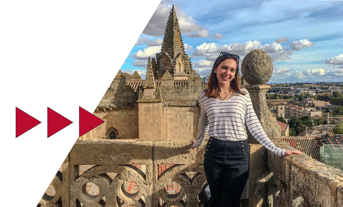 ferris state university student studying abroad in salamanca standing in front of a cathedral