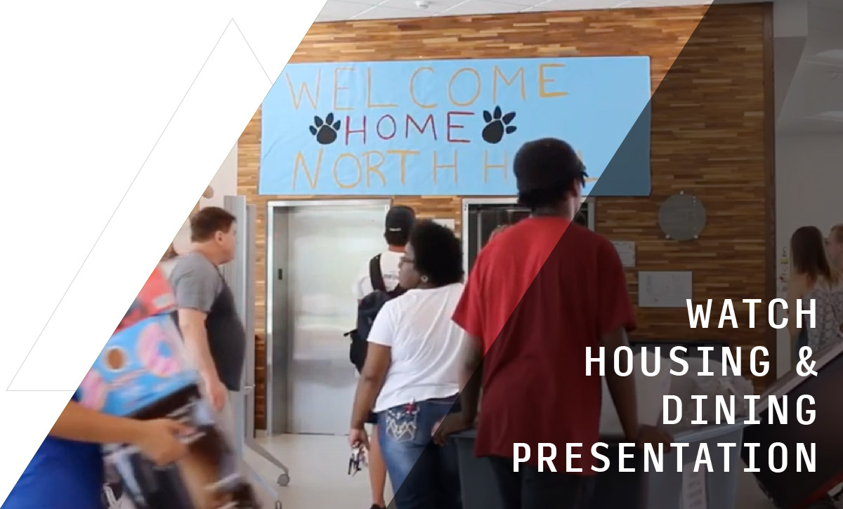 Students moving into North Hall. Text overlay reads, "Watch Housing and Dining Presentation"