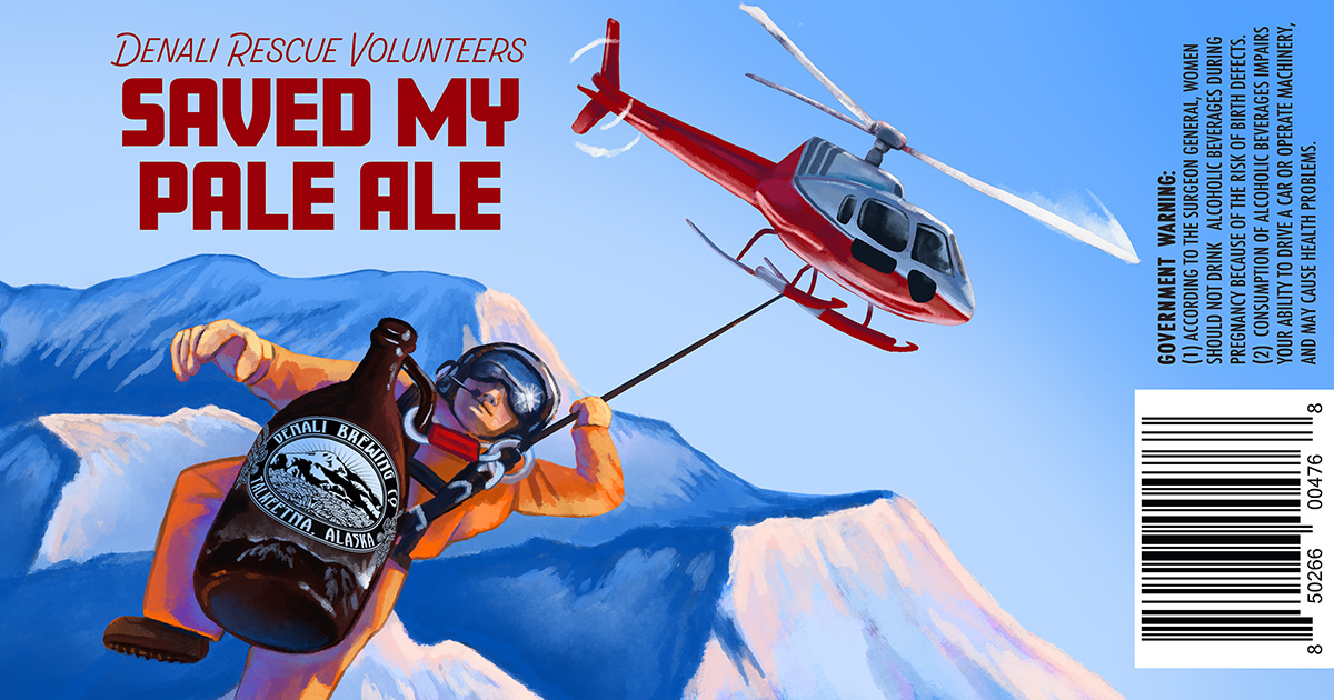 beer label with the words Denali Rescue Volunteers Save My Pale Ale with a helicopter and a mountainscape