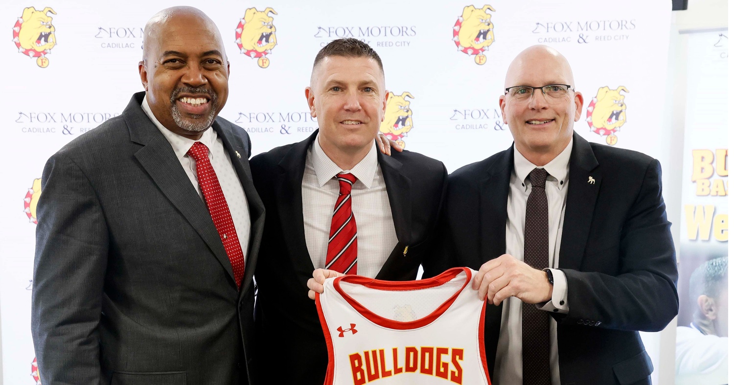 Ferris State President Pink, Brooks Miller, and Athletics Director Steve Brockelbank from left to right