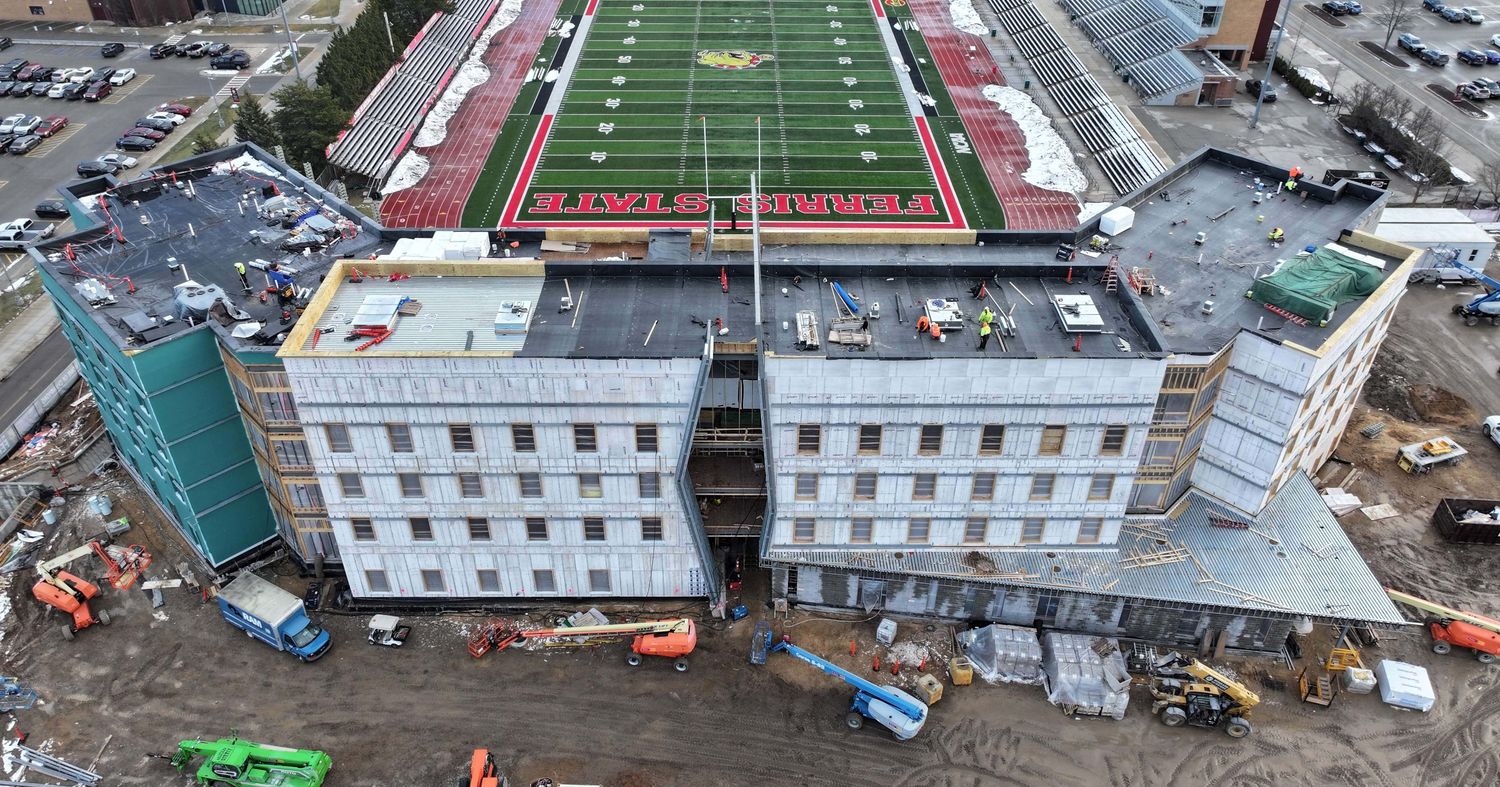 Additional drone shot of the residence hall under construction