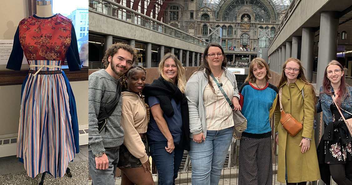 The costume designed by KCAD students (left), and the KCAD students and professors during their trip to the Netherlands.