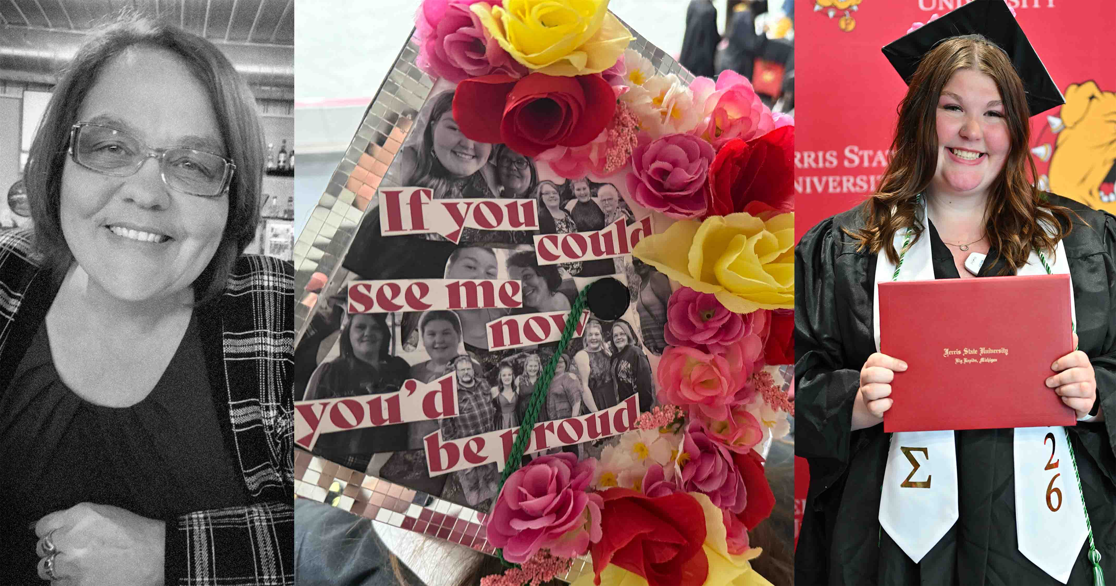 An undated picture of Lynette, Kyla's mortarboard bearing the message for her mother, and Kyla posing with her degree.