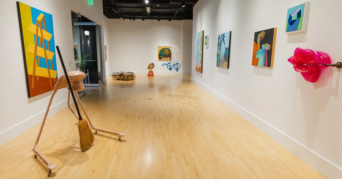 wide view of an art gallery exhibit