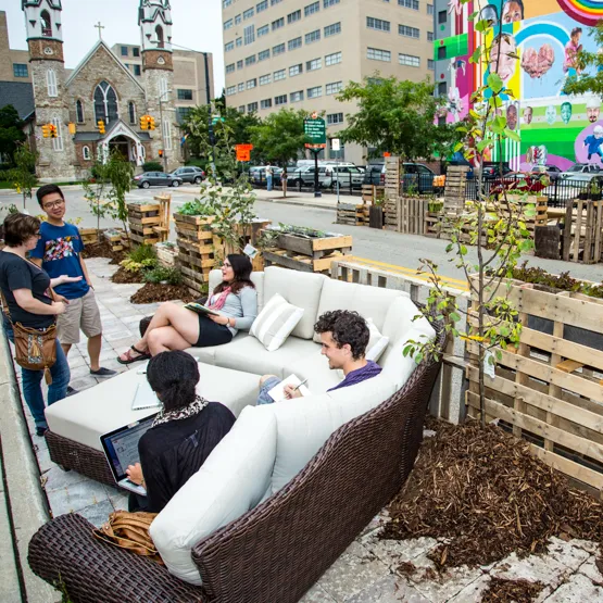 students in a collaborative outdoor space