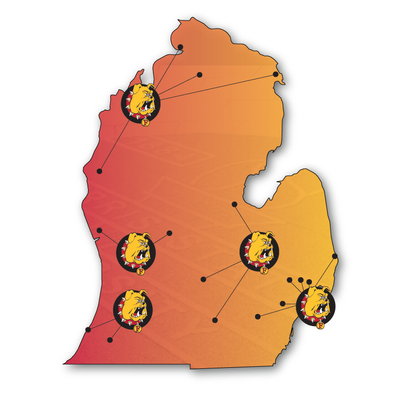 Map of Ferris hubs across Michigan.