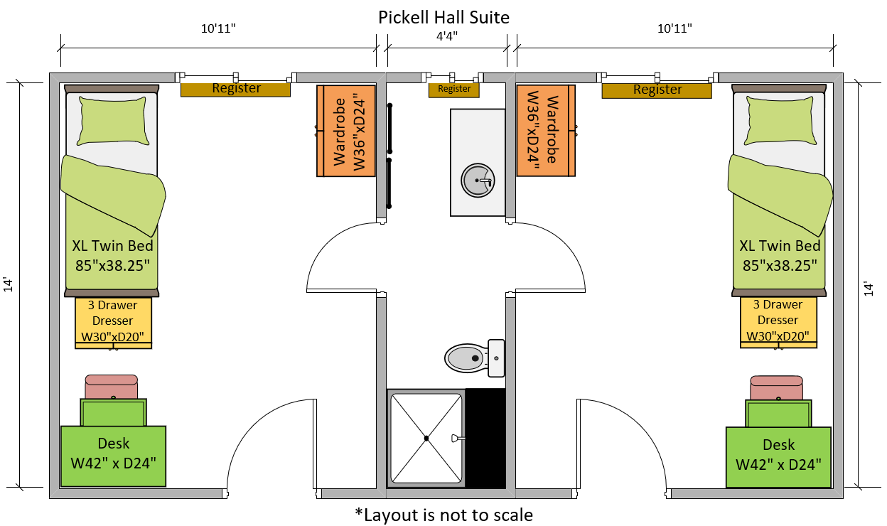 Floor plan of a Pickell Hall Suite showing two mirrored bedrooms with XL twin beds, desks, dressers, wardrobes, and a shared bathroom.