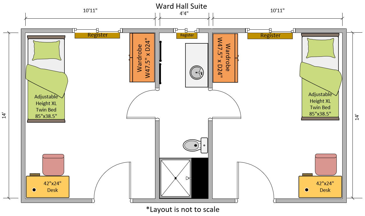Floor plan of a Ward Hall Suite showing two mirrored bedrooms with XL twin beds, desks, wardrobes, and a shared bathroom in between.