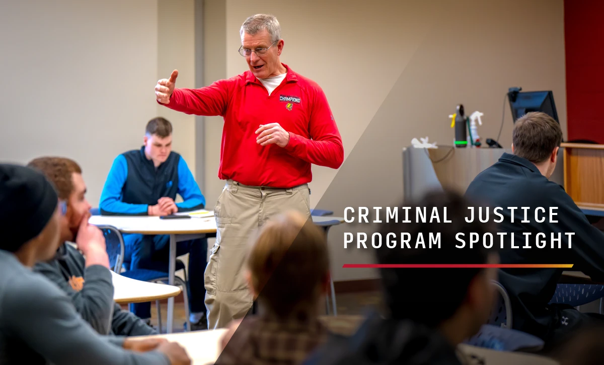 Ferris State University Criminal Justice program classroom with faculty member providing a demonstration and students watching