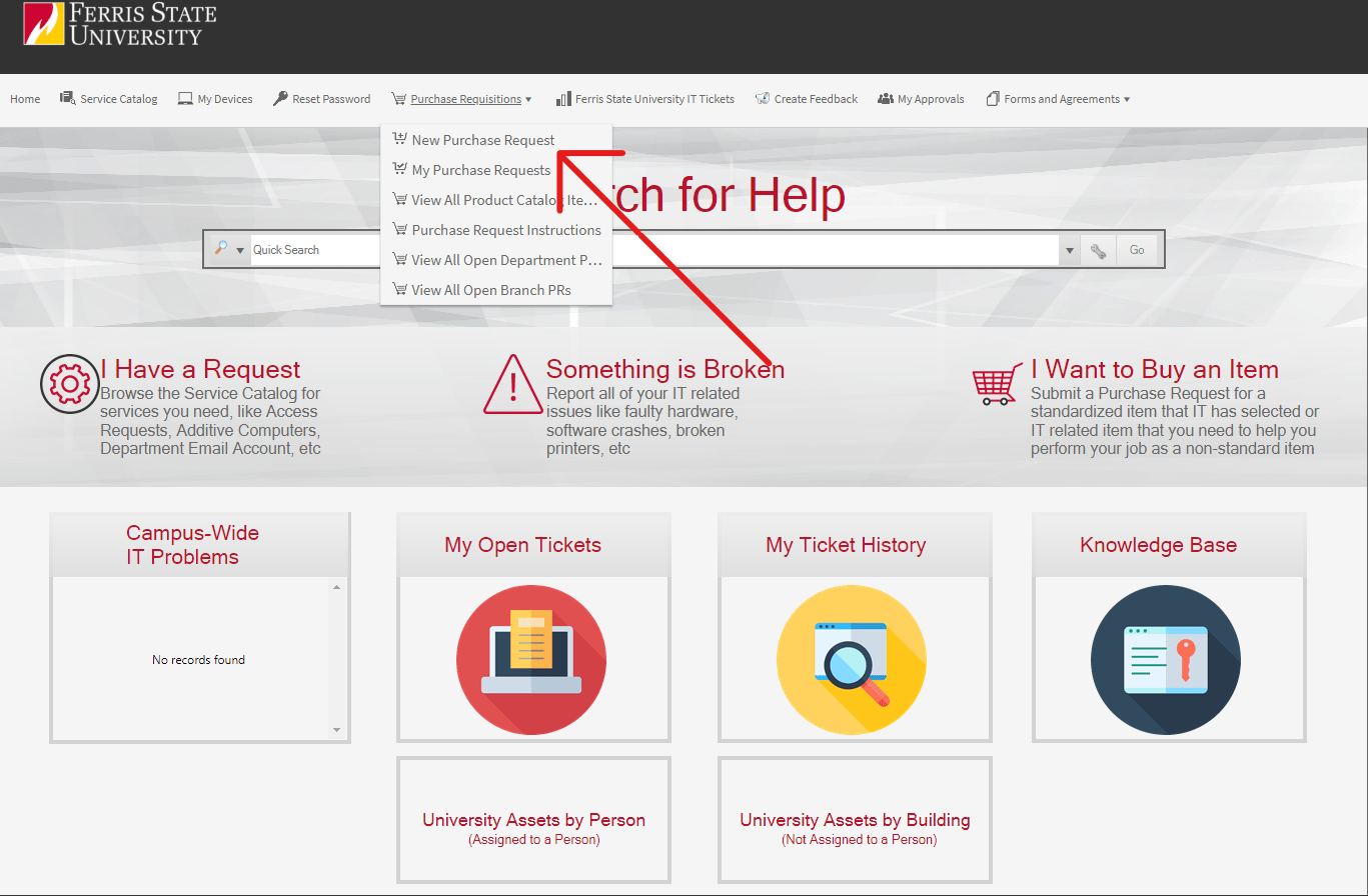 Indicator of where to enter a new purchase request in the dropddown menu
