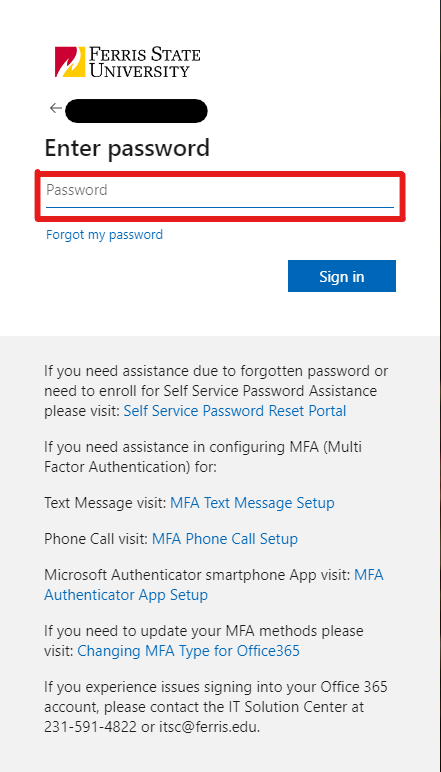 Indicator of where to enter password for signing in