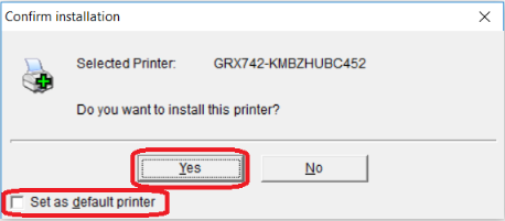 Indicator of where to agree to setting the printer as default and where to accept the installation of the printer