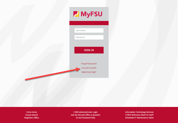 Indicator of where to find the "Account locked?" link on the MyFSU login page