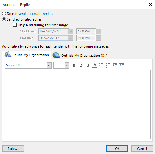 Facet Traditioneel tijger How to Send Automatic Out of Office Replies in Outlook