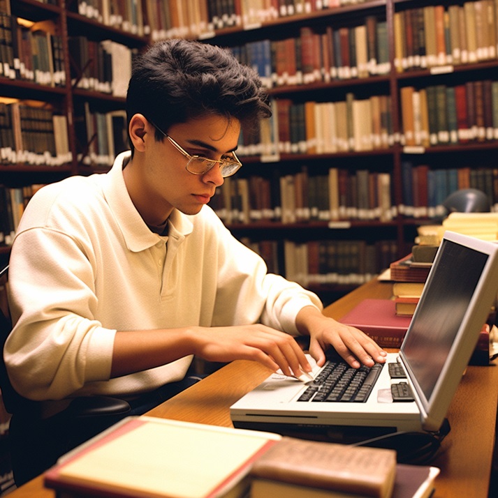 A student with a laptop studying in a library