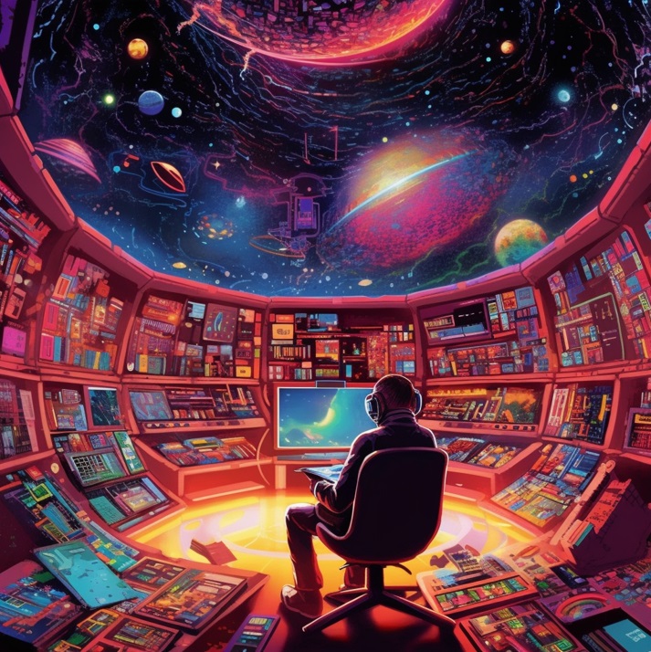 A person at a computer in a library with space for a ceiling