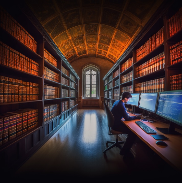 A student at a computer desk in a long library hallway