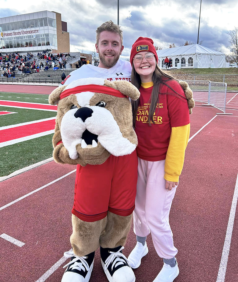 Pictured are Cody Langlois (left) and Delaney Beckett (right) at Cody’s reveal ceremony during the Nov. 11, 2023, Ferris State Football game against Wayne State.
