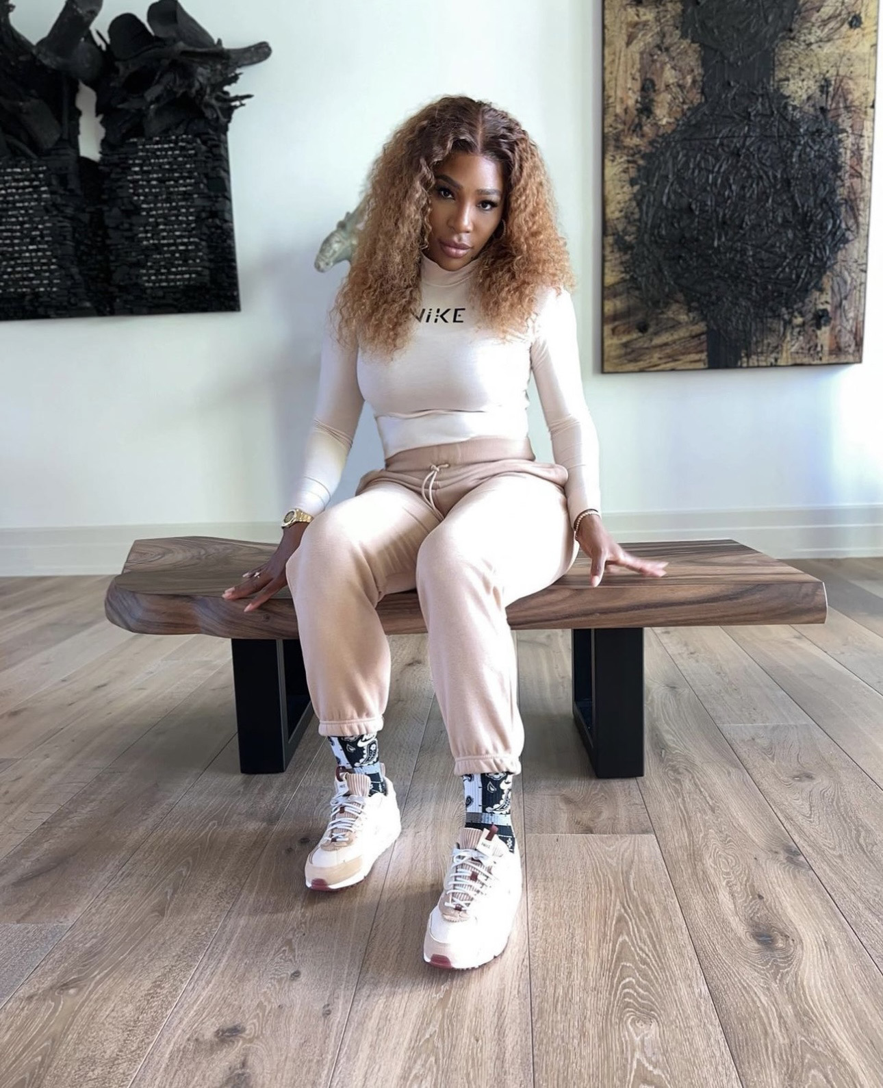 Serena Williams wearing the Nike Air Max 90 Futura shoe designed by KCAD grad Heather Truong. Image is courtesy of Nike.