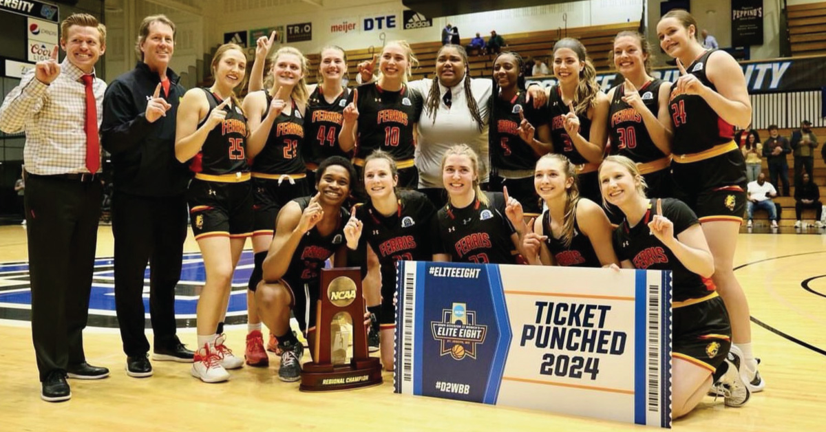 Ferris Women's Basketball after winning Midwest Regional Final in NCAA DII Tournament
