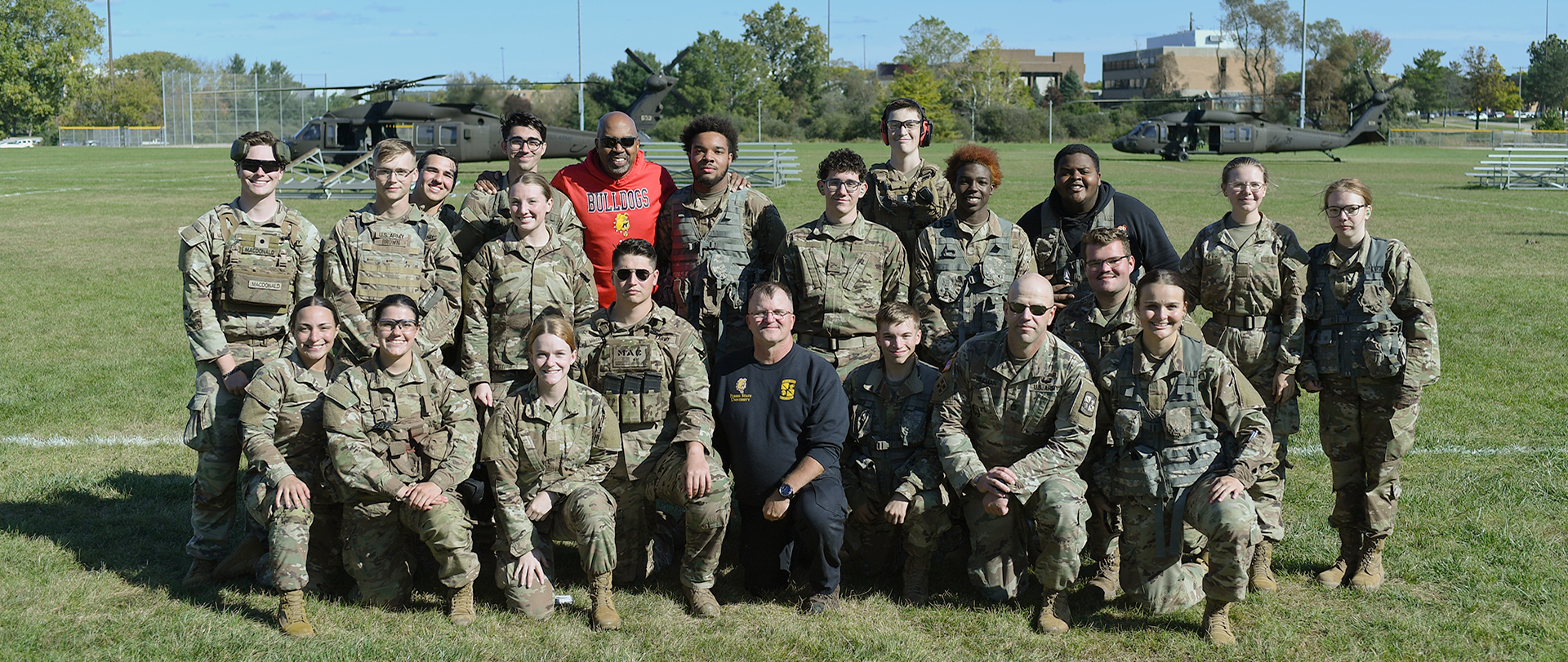 Ferris State President Bill Pink joined Army ROTC cadets for Black Hawk helicopter rides