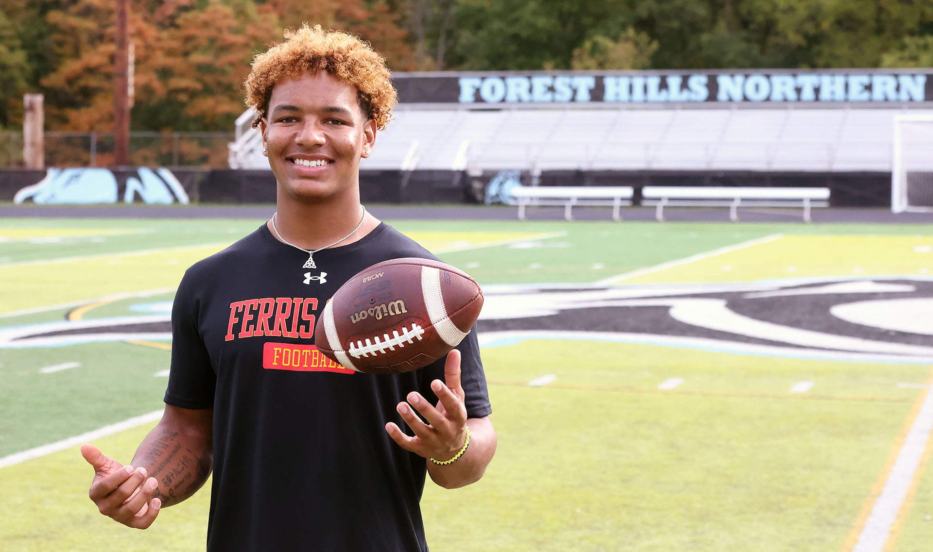 Ferris State quarterback Trinidad Chambliss visited his alma mater Forest Hills Northern