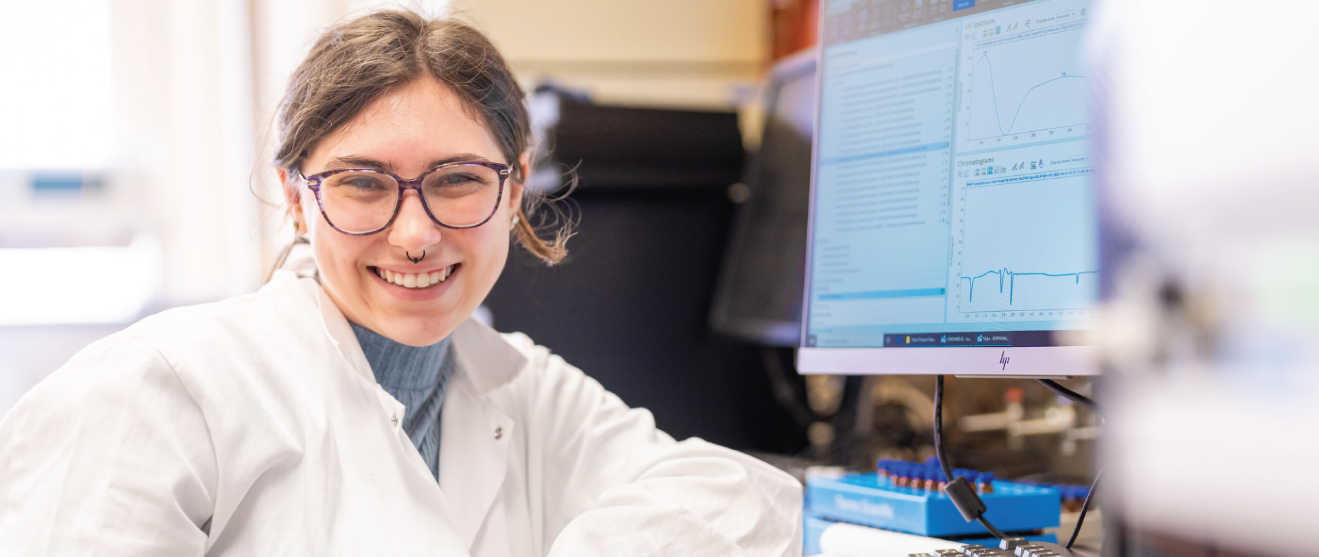 Ferris State pharmacy student in lab on campus