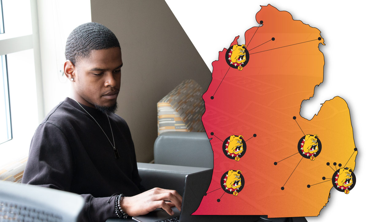 Student working on a computer. Hubs map.