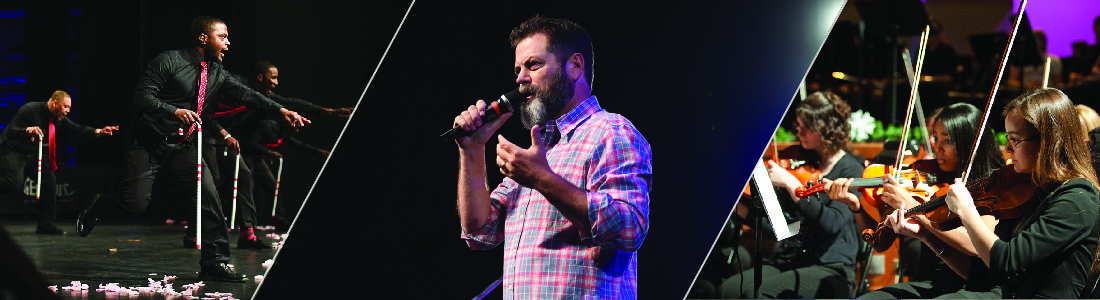 Collage of students performing dance, comedian Nick Offerman, and students playing in orchestra